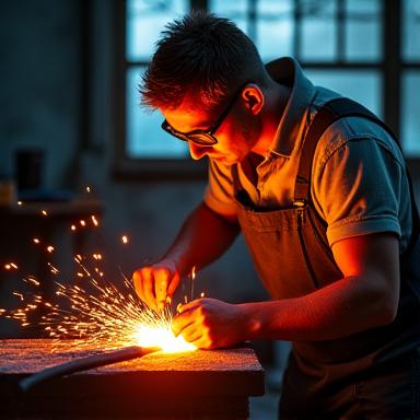 職人が熱した金属を鍛造している様子